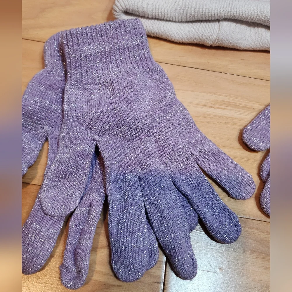 Cozy Purple and White Striped Hat and Gloves Set